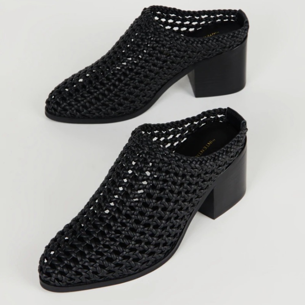 Intentionally Blank Black Leather Woven Heeled Mules